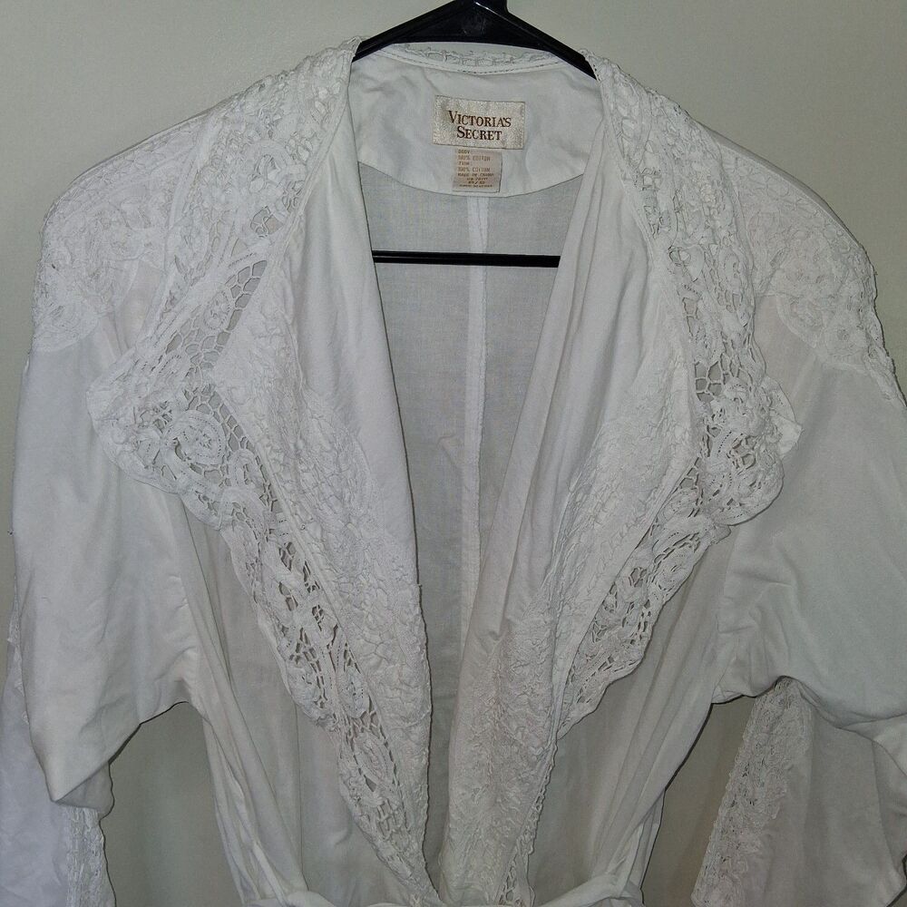 Vintage Victoria Secret Gold Label Cotton Battenburg Lace Maxi Robe White PS - Picture 3 of 12